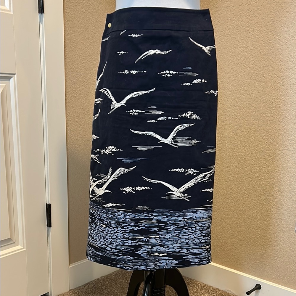 Anthropologie *rare and unique* Navy Blue Bird Print Women's Skirt - Picture 2 of 5
